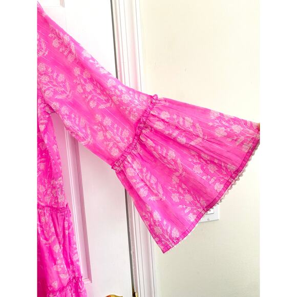 Juliet Dunn Tuckernuck Pink Print Orchid Small Flower Flared Sleeve Cotton Dress - Picture 10 of 13